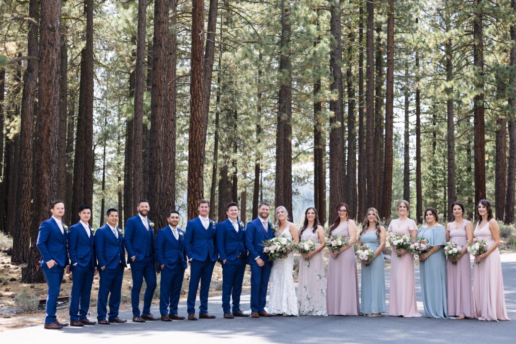 A wedding party lined up with the groomsmen in dark blue suits on the left, bridesmaids in blush and blue dresses on the right and wedding couple in the middle.
