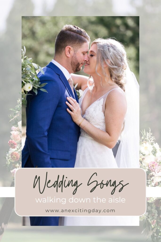Couple about to kiss while wearing wedding attire, with overlay text reading "wedding songs walking down the aisle".