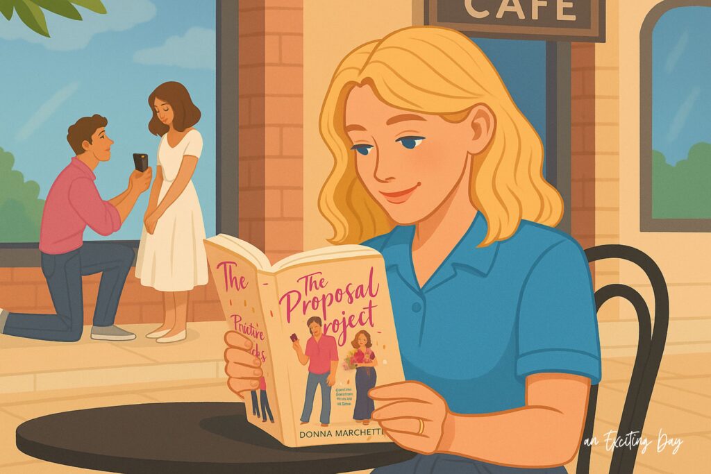 Cartoon image of a woman with blonde hair reading a book while sitting outside at a bistro table and in the background a man proposes to a woman on one knee.