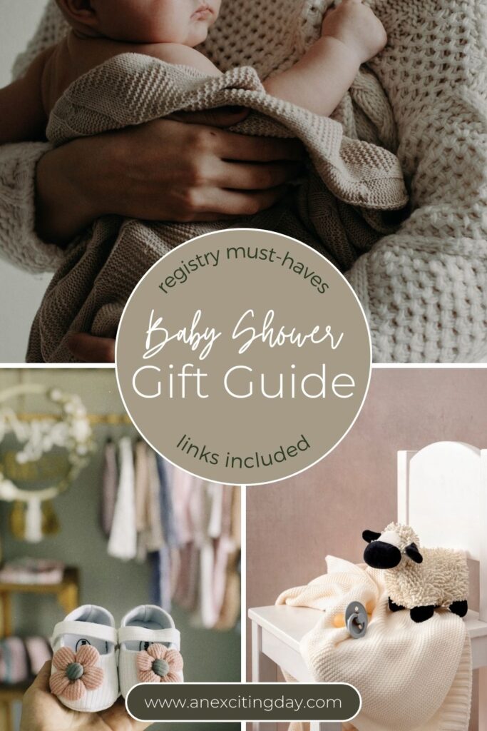 Grid of three images with various baby related items like person holding a baby in a blanket, a hand holding up floral baby shoes and chair with a baby blanket and sheep plush toy on top - overlay text reading "registry must-haves baby shower gift guide links included".