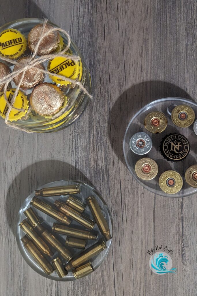 Resin coasters personalized with beer caps, shotgun shells and rifle brass.