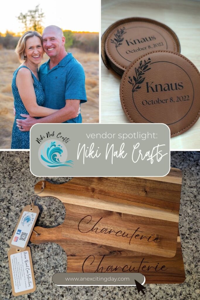 Grid of three images with the upper left of a couple smiling in an embrace wearing teal, the upper right of leather coasters, and bottom image of two acacia wood charcuterie boards.